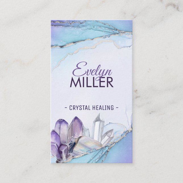 Pastel Blue and Purple Watercolor Healing Crystals Business Card (Front)