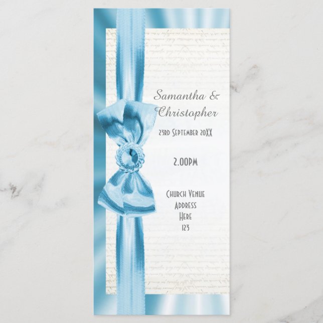 Pastel blue and white bow church wedding program programme (Front)