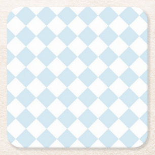 Pastel Blue and White Diamond Chequered Pattern Square Paper Coaster