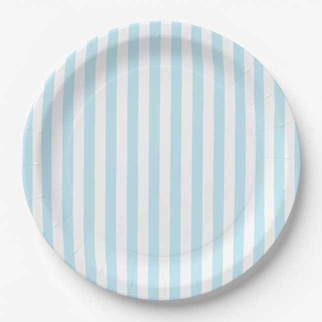 Pastel Blue and White Striped Paper Plate (Front)
