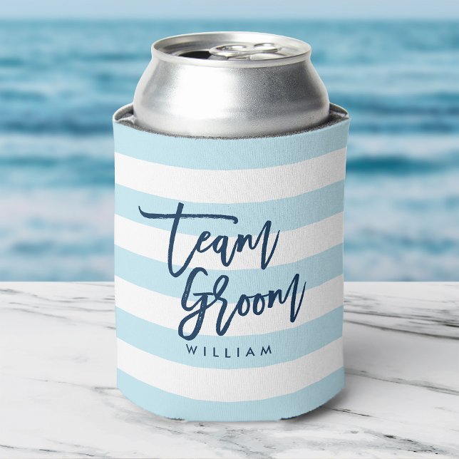 Pastel Blue and White Stripes Blue Team Groom Can Cooler (Creator Uploaded)