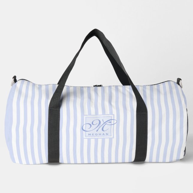 Pastel blue and White Stripes - Monogrammed Duffle Bag (Front)