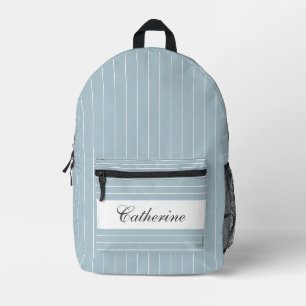 Pastel Blue and White Thin Striped Name Printed Backpack