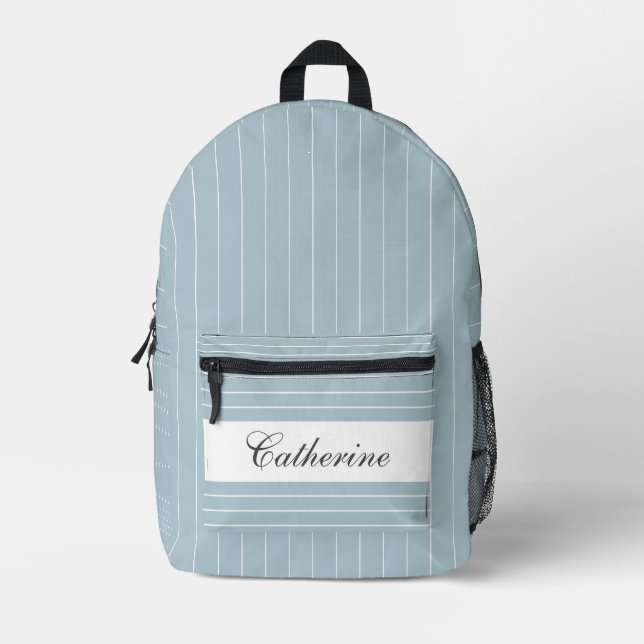 Pastel Blue and White Thin Striped Name Printed Backpack (Front)