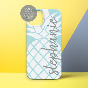 Pastel Blue and White Trendy Pineapple with Name Case-Mate iPhone 14 Case
