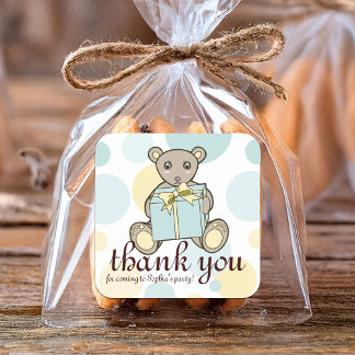Pastel Blue and Yellow Cute Teddy Bear Thank You Square Sticker