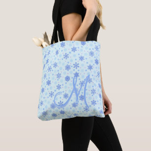 Pastel Blue Baby Blue Snowflakes Monogram Initial Tote Bag