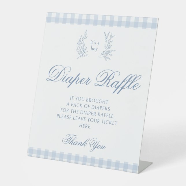 Pastel blue baby boy shower diaper raffle sign (Front)