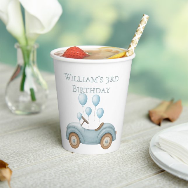 Pastel Blue Balloons & Car Birthday Party -  Paper Cups (Insitu)
