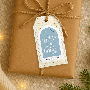 Pastel Blue Beige Wavy Stripes Merry Christmas Gift Tags