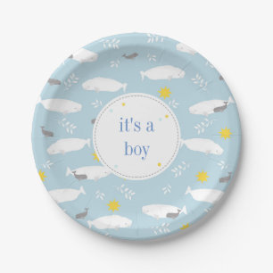 Pastel blue beluga whale stars baby shower design paper plate