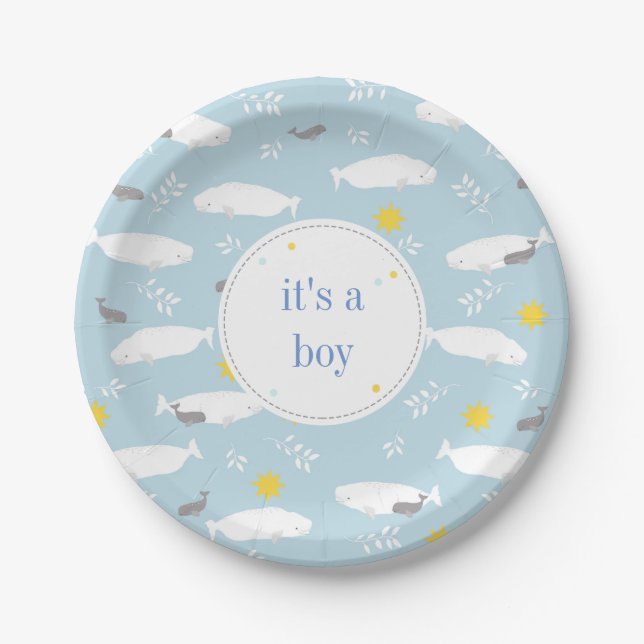 Pastel blue beluga whale stars baby shower design paper plate (Front)