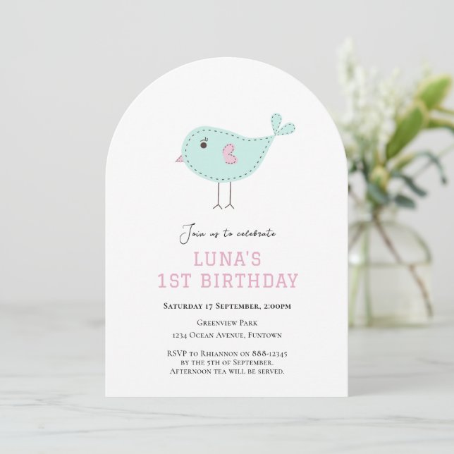 Pastel Blue Bird 1st birthday invitation (Standing Front)