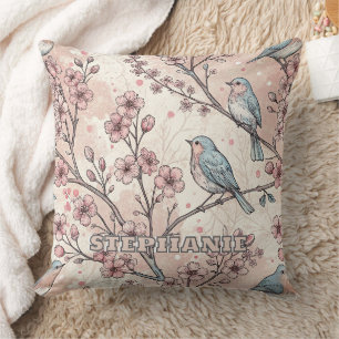 Pastel Blue Birds with Pink Cherry Blossoms Cushion