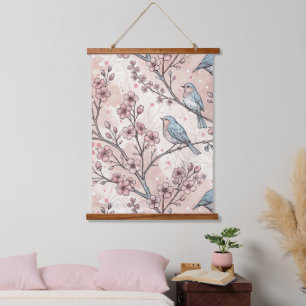 Pastel Blue Birds with Pink Cherry Blossoms Hanging Tapestry