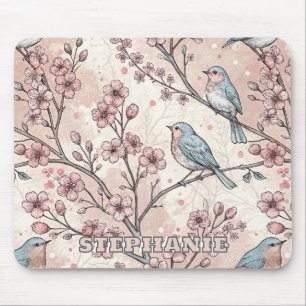 Pastel Blue Birds with Pink Cherry Blossoms Mouse Pad