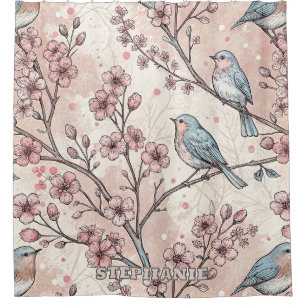 Pastel Blue Birds with Pink Cherry Blossoms Shower Curtain