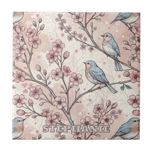 Pastel Blue Birds with Pink Cherry Blossoms Tile (Front)