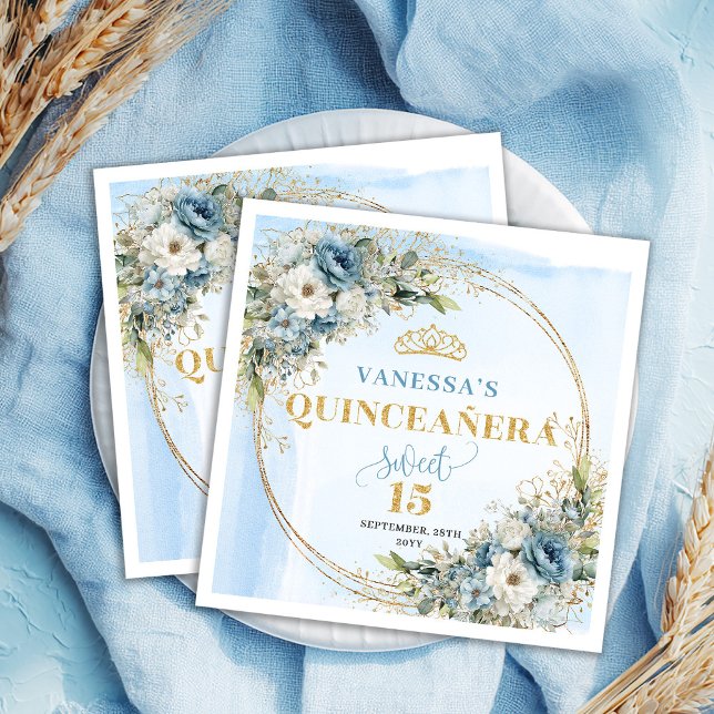 Pastel Blue Boho Floral Gold Glitter 15th Birthday Napkin (Pastel Blue Boho Floral Gold Glitter 15th Birthday Napkins)