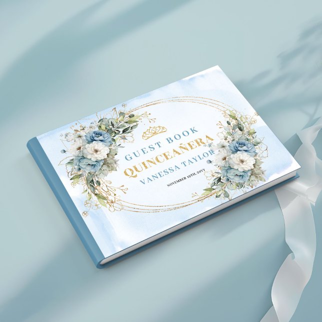 Pastel Blue Boho Quince with Gold Greenery guest  Book (Pastel Blue Boho Quince with Gold Greenery guest book)