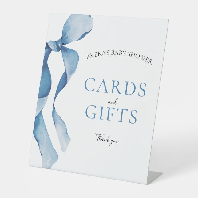 Pastel Blue Bow Baby Shower Cards and Gifts Pedestal Sign (Front)