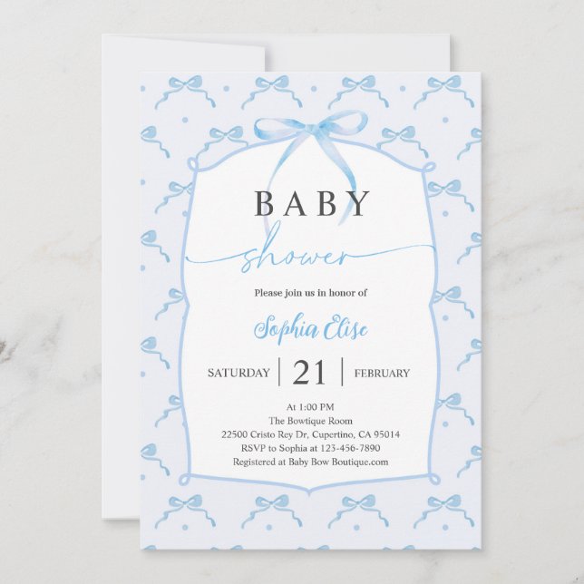 Pastel Blue Bow Baby Shower Invitation (Front)
