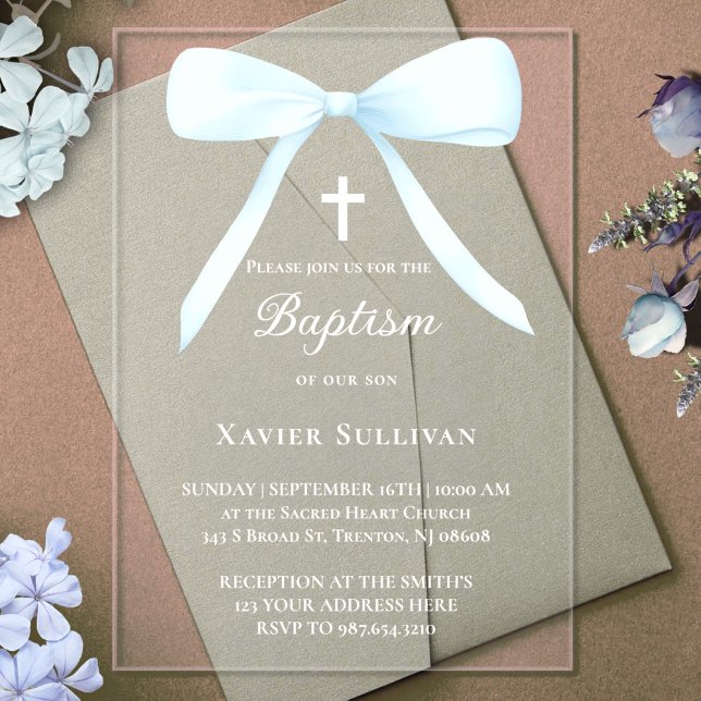pastel blue bow | Baptism Acrylic Invitations (Creator Uploaded)