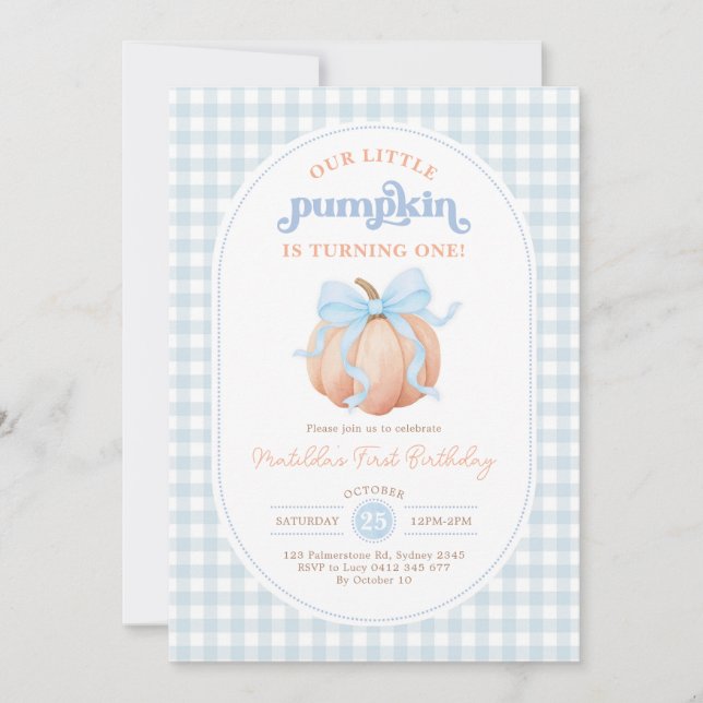 Pastel Blue Bow Pumpkin Fall 1st Birthday Party Invitation (Front)