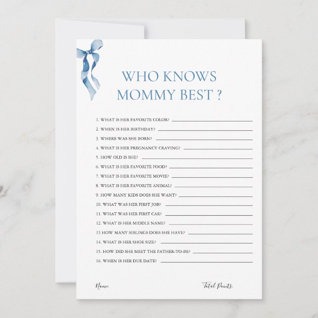 Pastel Blue Bow Who Knows Mummy Best Baby Shower  Invitation (Front)