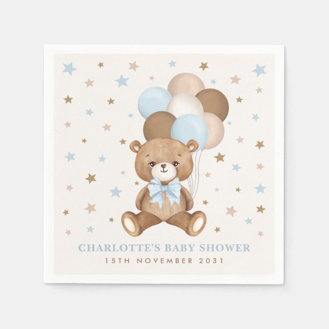 Pastel Blue Brown Teddy Bear Balloons Baby Shower Napkin (Front)