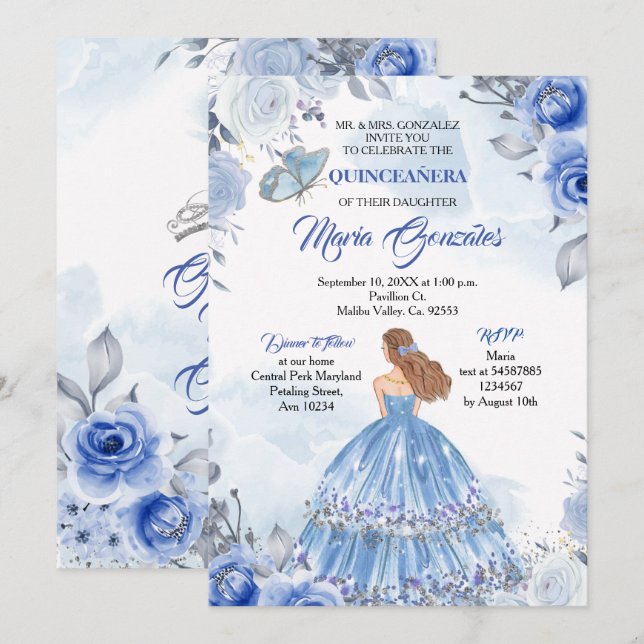 Pastel Blue Butterfly Quinceanera Mexican Birthday Invitation (Front/Back)