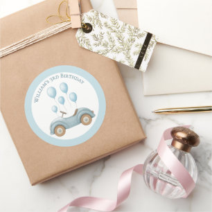 Pastel Blue Car & Balloons Birthday Party Sticker