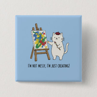 Pastel Blue Cat Artist Painting Abstract Messy  15 Cm Square Badge