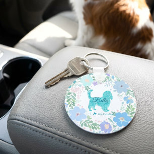 Pastel Blue Cavalier King Charles Spaniel Floral  Key Ring