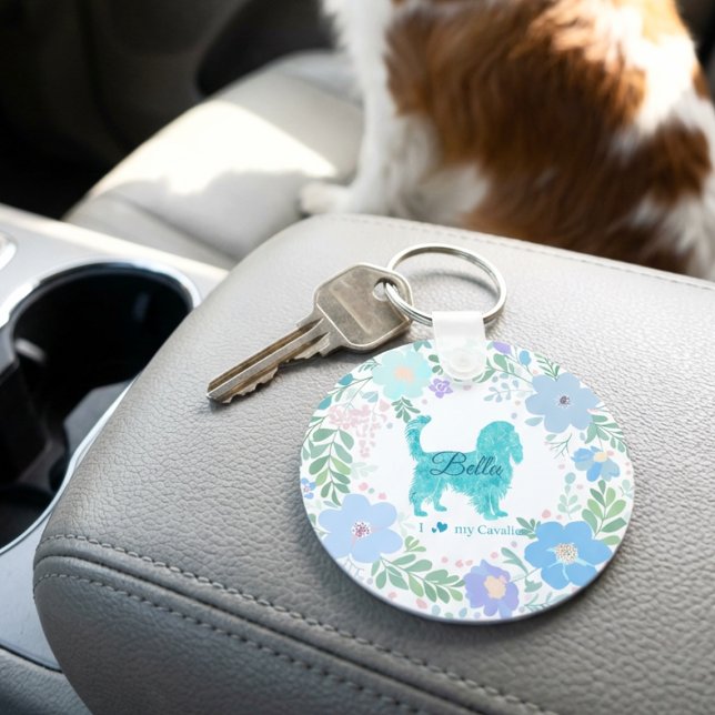Pastel Blue Cavalier King Charles Spaniel Floral  Key Ring (Creator Uploaded)