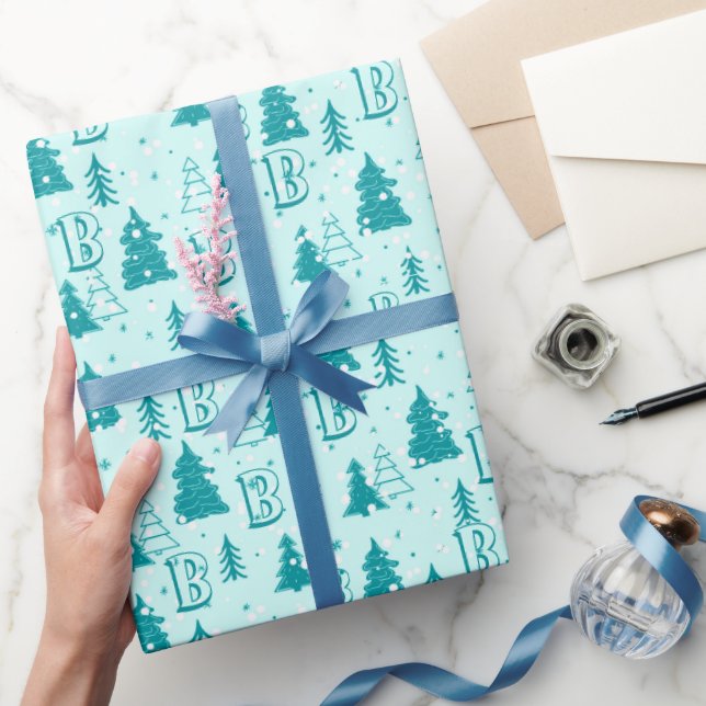 Pastel Blue Christmas Tree Custom Monogram Elegant Wrapping Paper (Gifting)