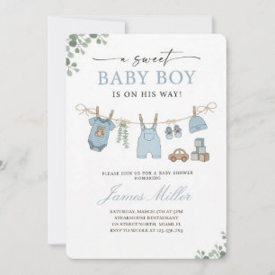 Pastel Blue Clothesline Baby Boy Shower Invitation