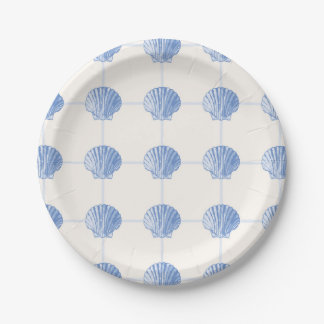 Pastel Blue Coastal Painted Clam Seashell Checkers Paper Plate