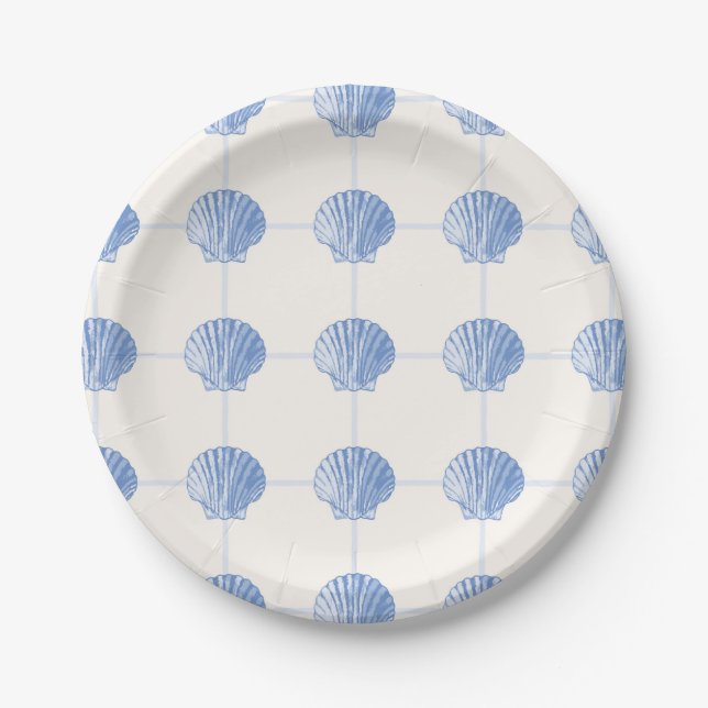 Pastel Blue Coastal Painted Clam Seashell Checkers Paper Plate (Front)