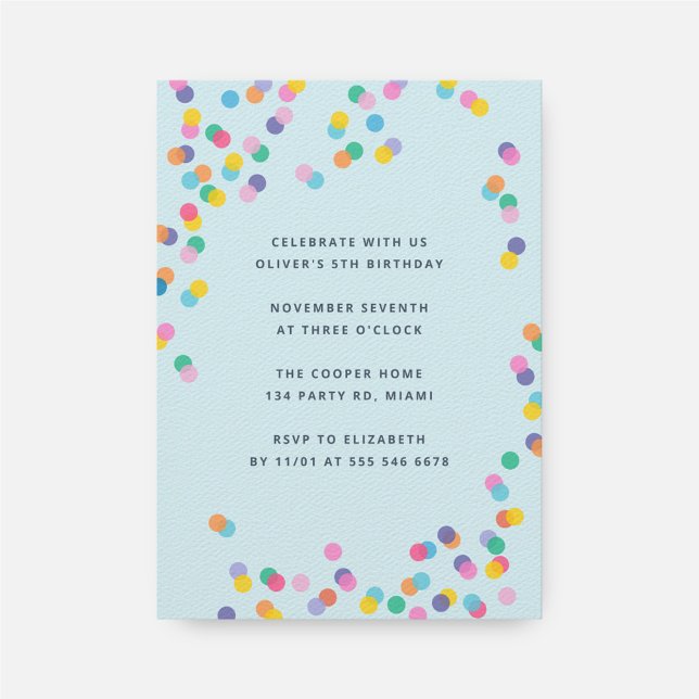 Pastel Blue Colourful Confetti Kids Birthday Party Invitation (Creator Uploaded)