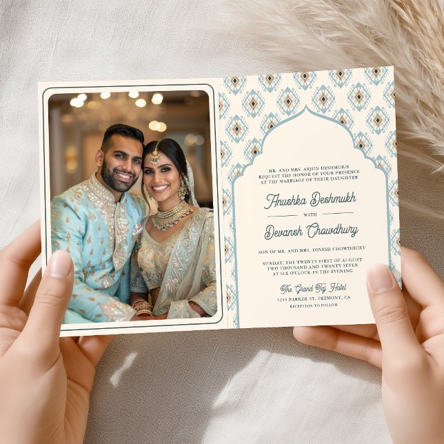 Pastel Blue Cream Ikat All in One Indian Wedding Invitation (Creator Uploaded)