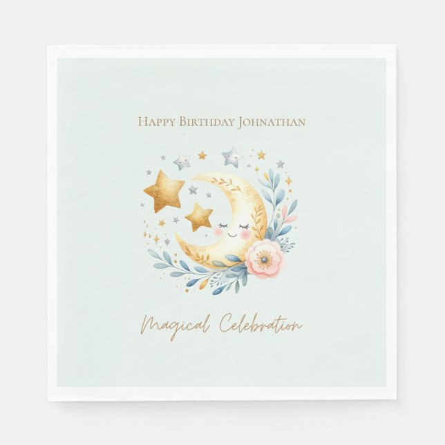 Pastel Blue Cute Baby Moon 1st Birthday Napkin (Front)