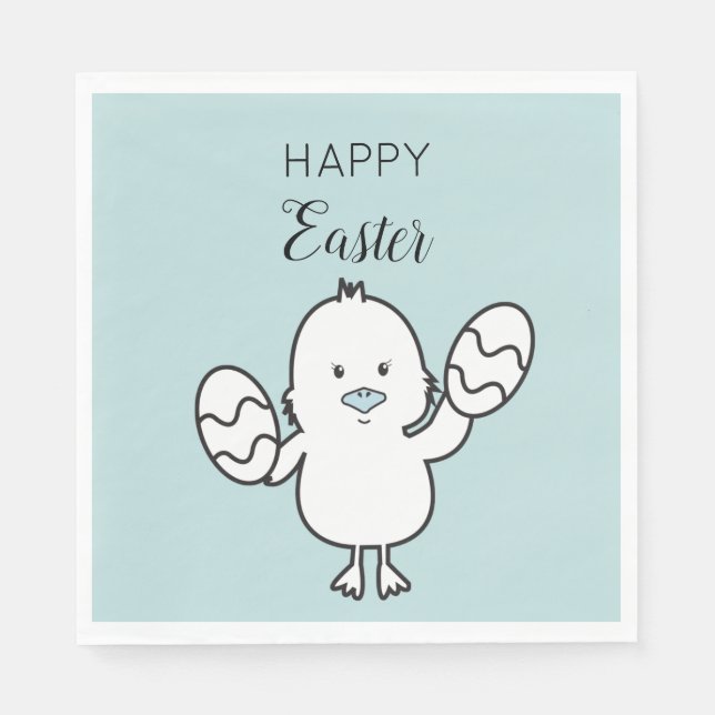 Pastel Blue Cute Easter Chick & Eggs Illustration Napkin (Front)