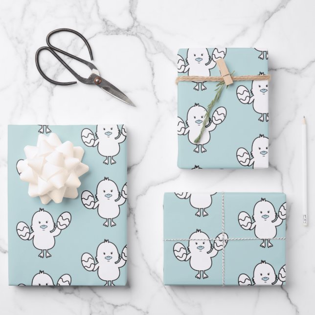 Pastel Blue Cute Easter Chick & Eggs Pattern Wrapping Paper Sheet (Front)