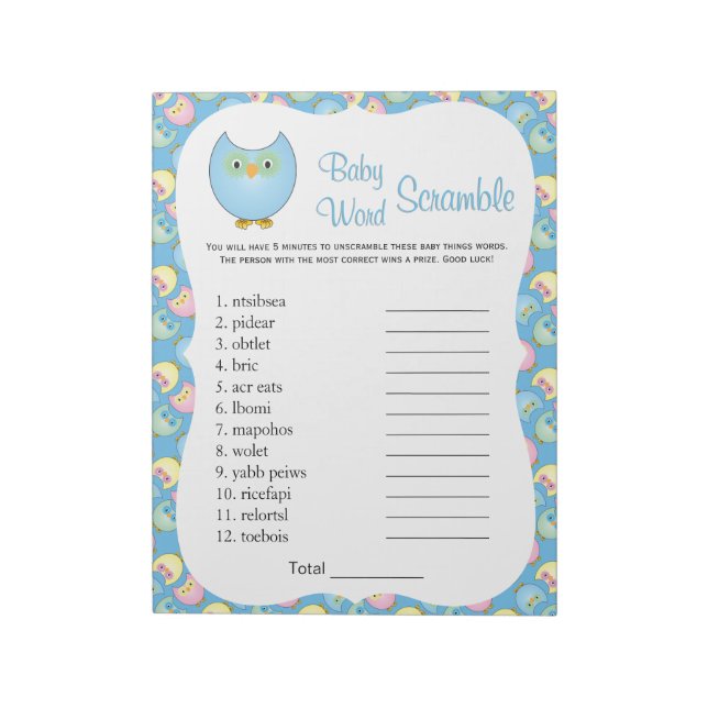 Pastel Blue Cute Owl Baby Shower Theme Word Game 2 Notepad (Rotated)