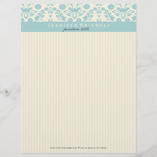 Pastel Blue Damasks And Beige Stripes Personalized Letterhead (Front)