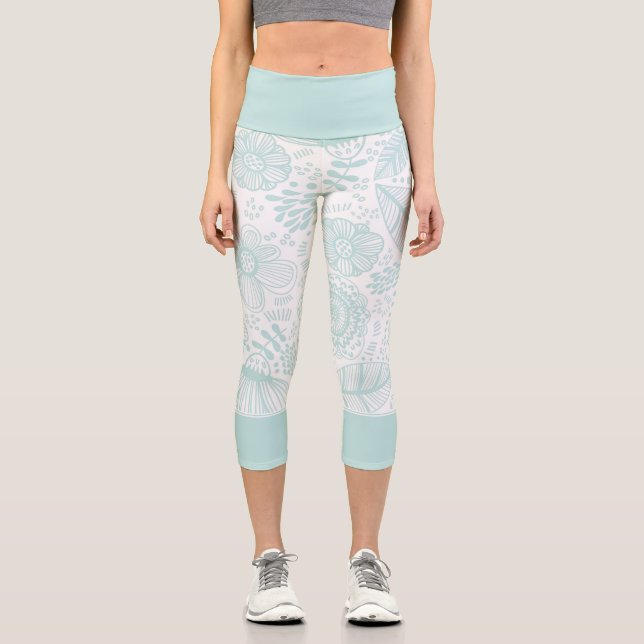 pastel blue delicate floral girly capri leggings (Front)
