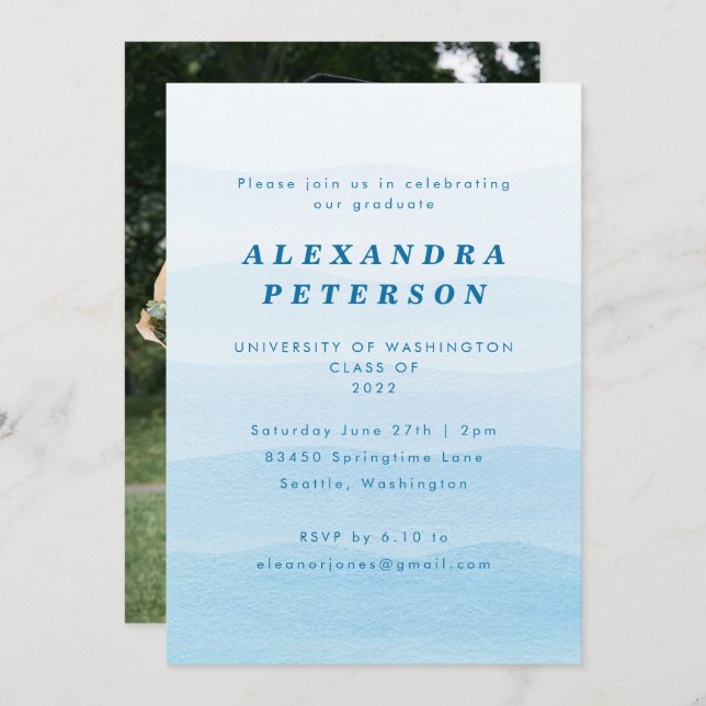 Pastel Blue Dip Dye Ombre Photo Graduation Party Invitation (Front/Back)