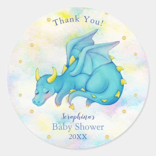 Pastel Blue Dragon Boy Baby Shower Thank You Classic Round Sticker (Front)