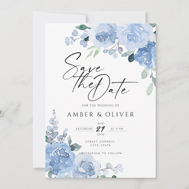 Pastel Blue Dusty Floral Light Boho Save The Date Invitation (Front)